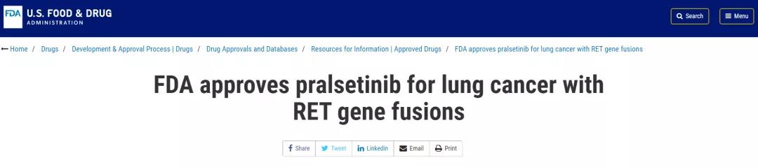 ORR高达70%！全新RET-TKI Pralsetinib获FDA批准用于RET融合阳性的转移性非小细胞肺癌患者